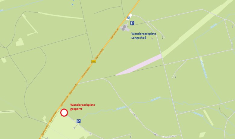 Auf einer Karte sind der gesperrte Parkplatz und der Alternativparkplatz eingezeichnet
