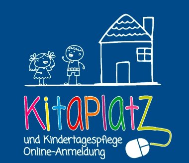 Logo zur Online Anmeldung für einen Kitaplatz auf blauem Grund, mit bunten Buchstaben ("Kitaplatz") und weißen Strichfiguren neben einem weißen Strichhaus